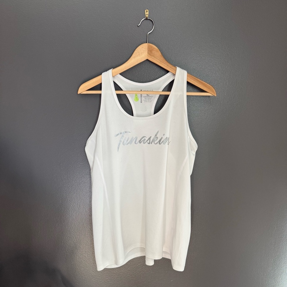 Tunaskin Women White Racerback Tank Top With Silver Logo Size Large